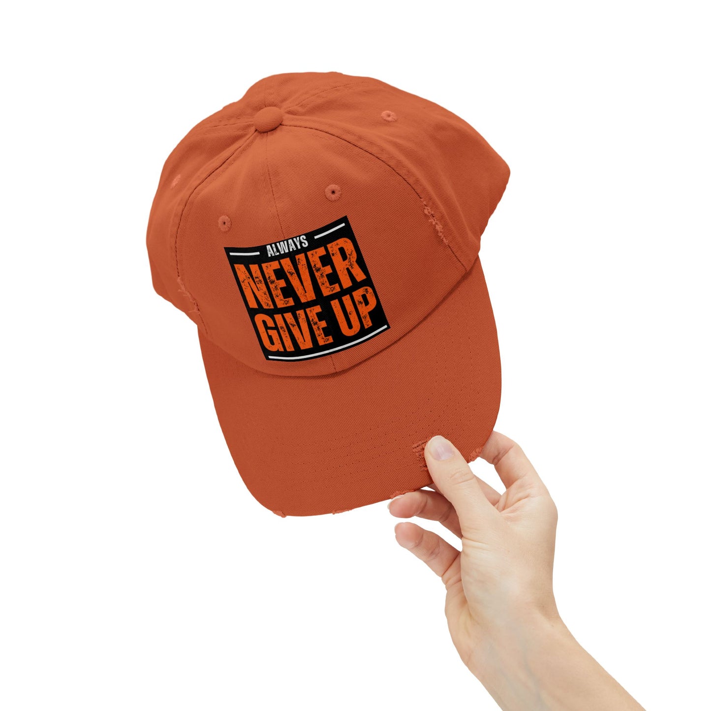 Never Give Up Distressed Cap — Motivational Baseball Hat