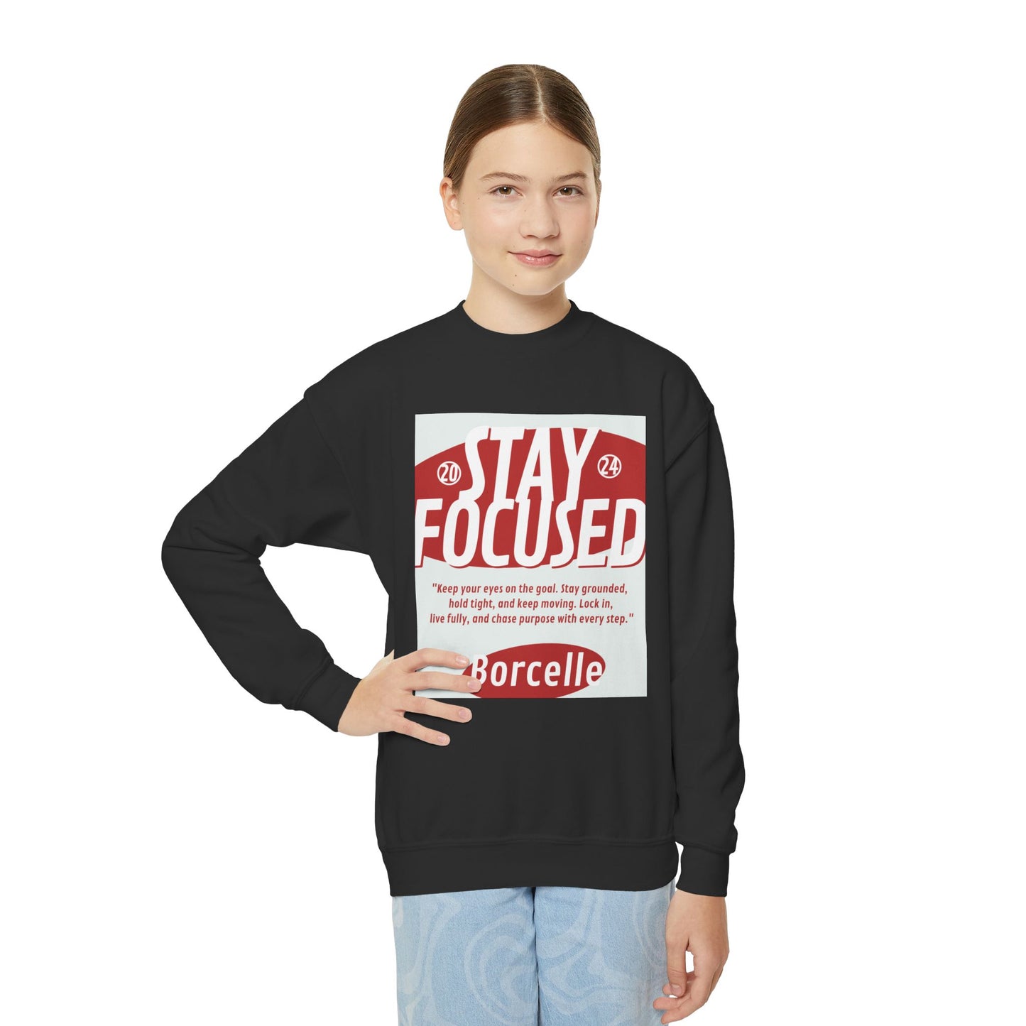 Youth Crewneck Sweatshirt — Stay Focused / Never Give Up Motivational Sweatshirt