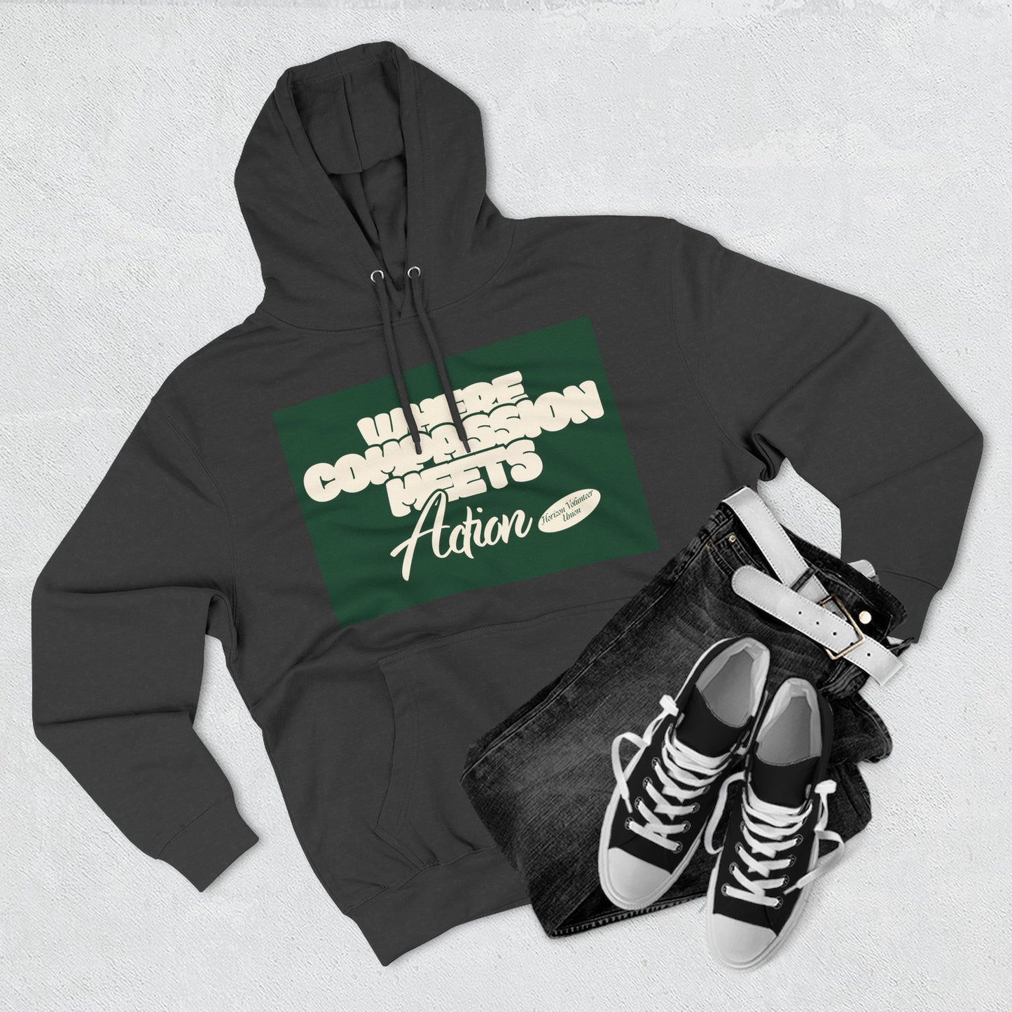 Three-Panel Fleece Hoodie — Vintage Ship Graphic & "Where Compassion Meets Action" Motivational Design