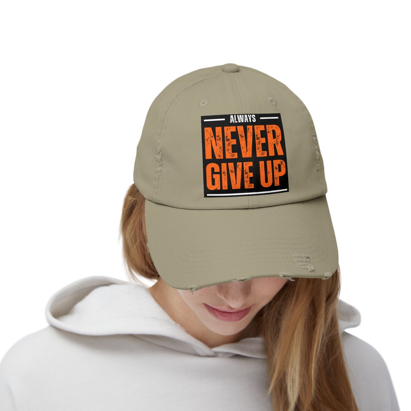 Never Give Up Distressed Cap — Motivational Baseball Hat
