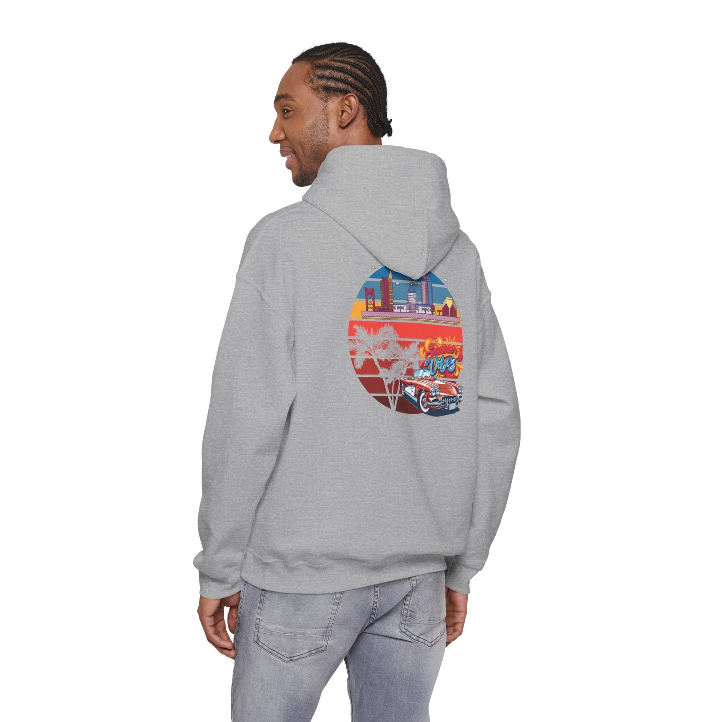 Los Angeles Retro Surf Hoodie — Vintage Sunset Car & Palm Tree Sweatshirt