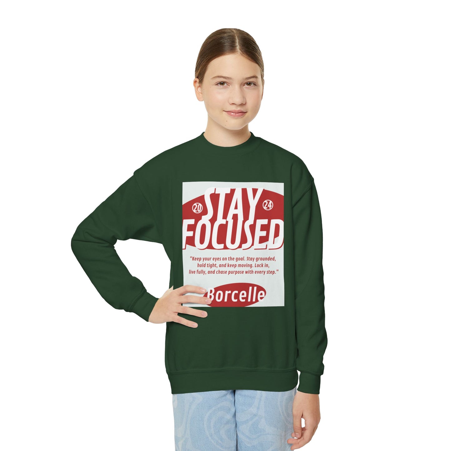 Youth Crewneck Sweatshirt — Stay Focused / Never Give Up Motivational Sweatshirt