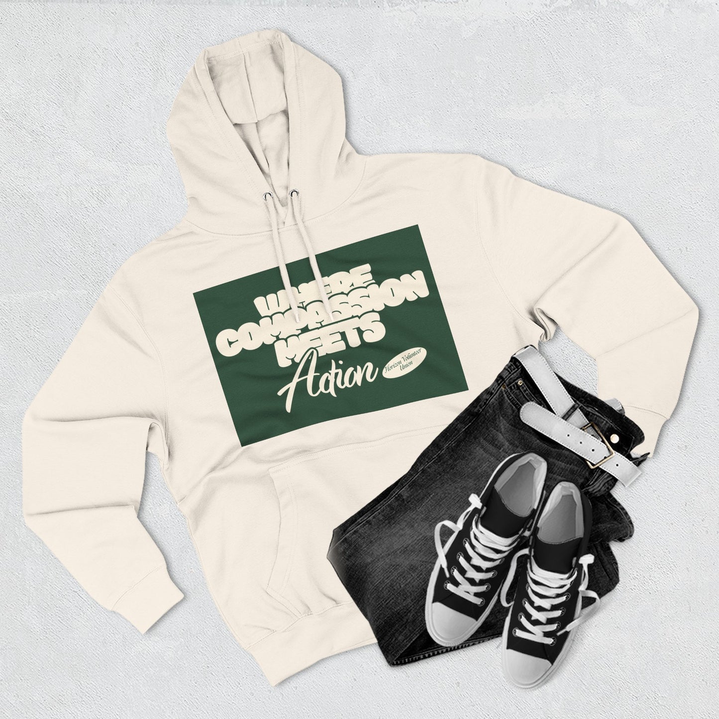 Three-Panel Fleece Hoodie — Vintage Ship Graphic & "Where Compassion Meets Action" Motivational Design