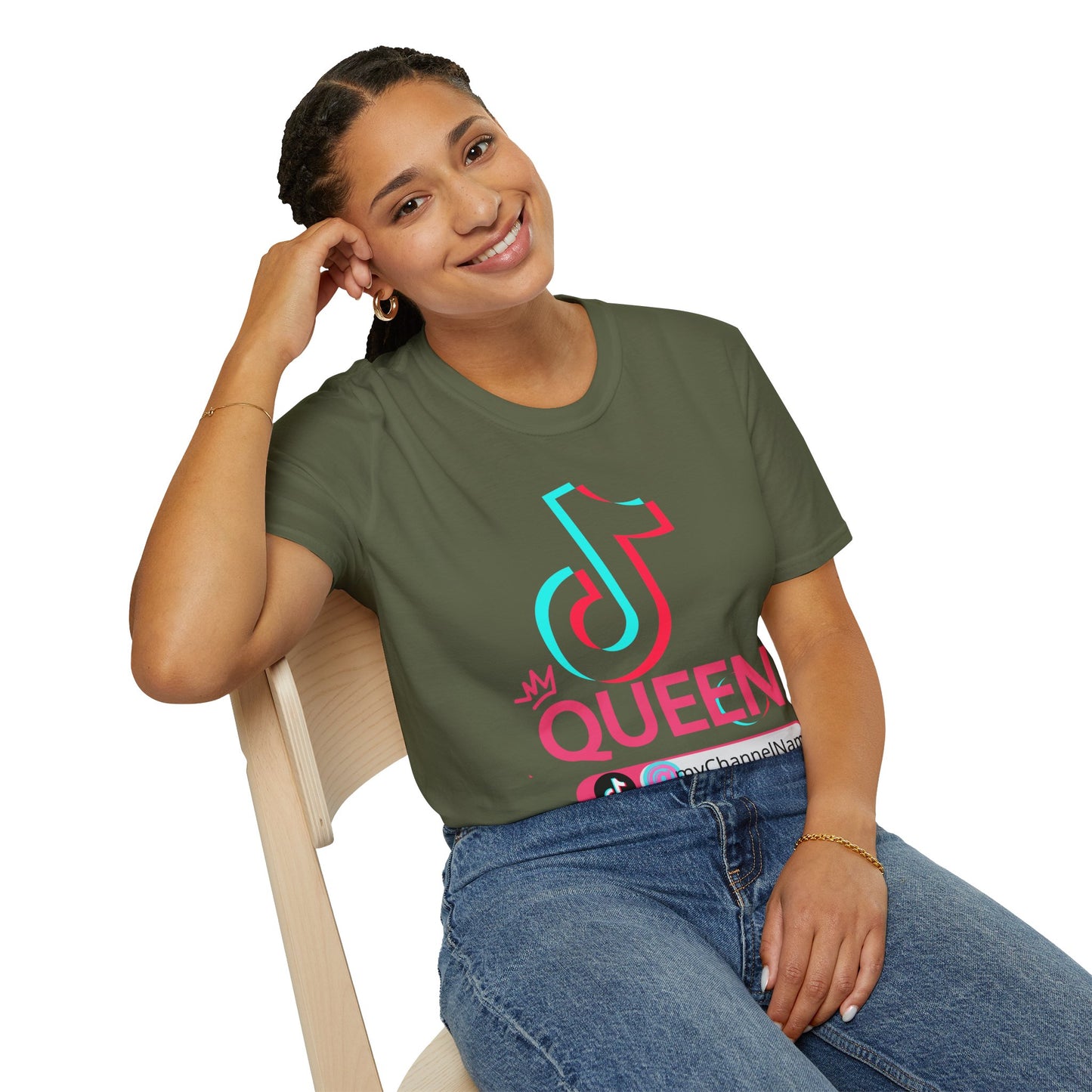 TikTok Queen Graphic T-Shirt — Personalized Channel Name, 'New Day New Start' Back Design