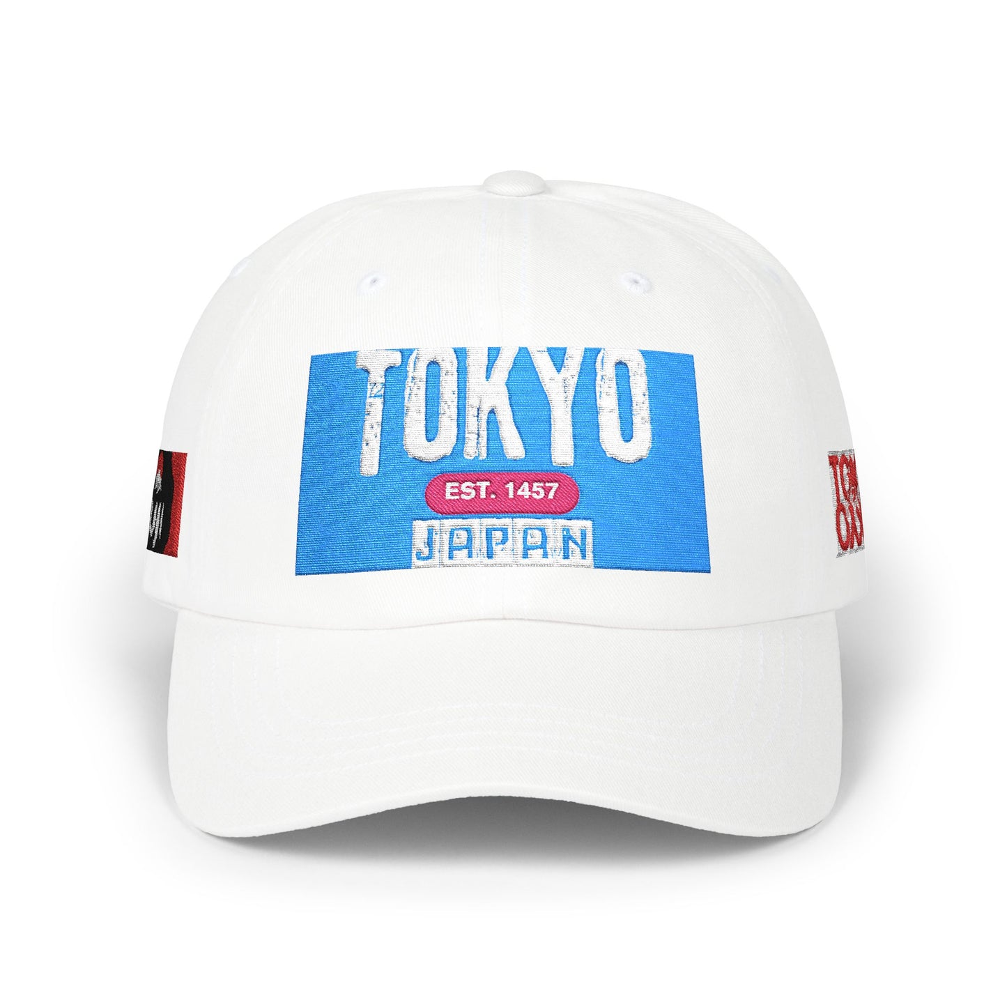 Tokyo Retro Patch Dad Cap – White Embroidered Travel Baseball Hat