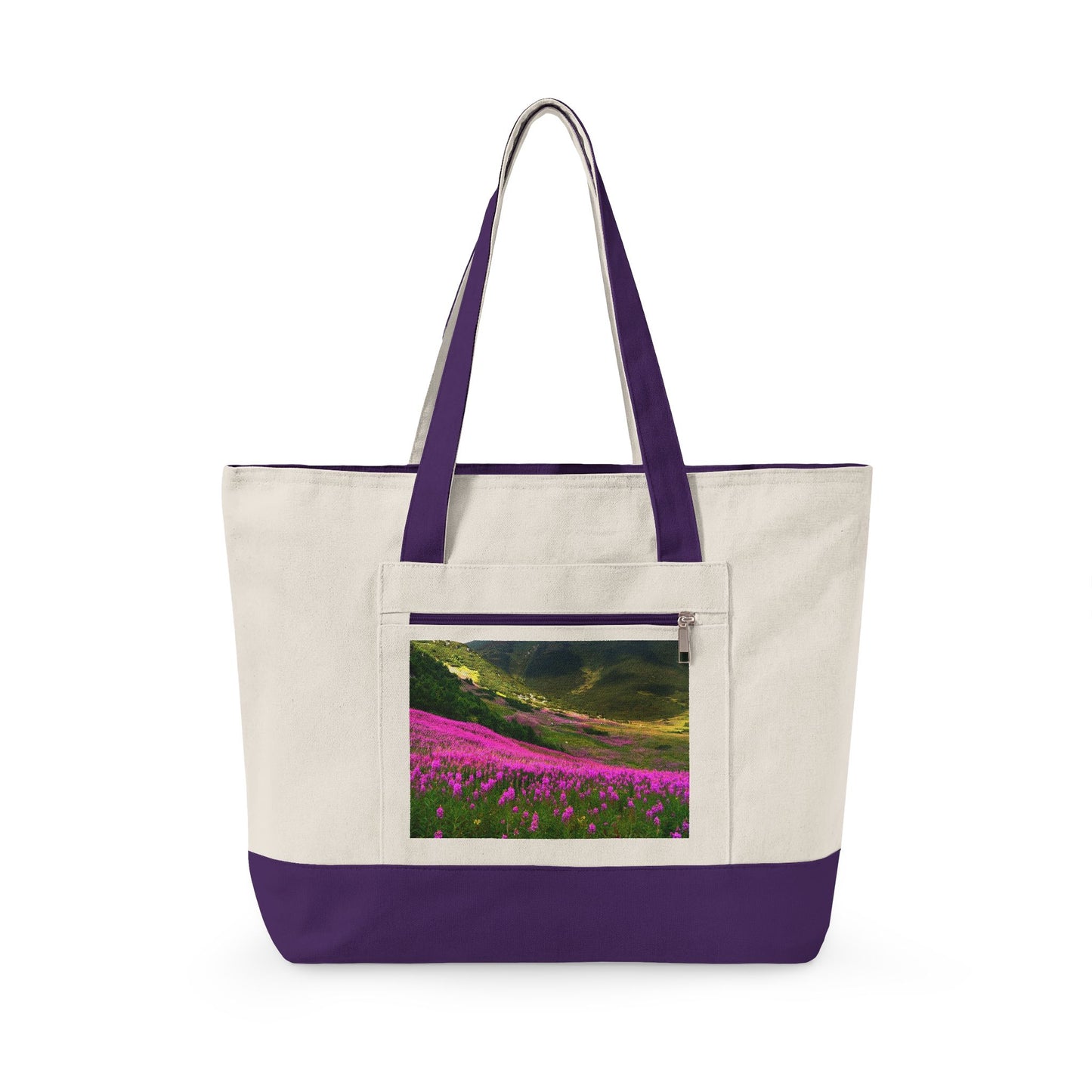 Canvas Tote Bag — Scenic Floral Meadow & River Photo Print Zippered Tote