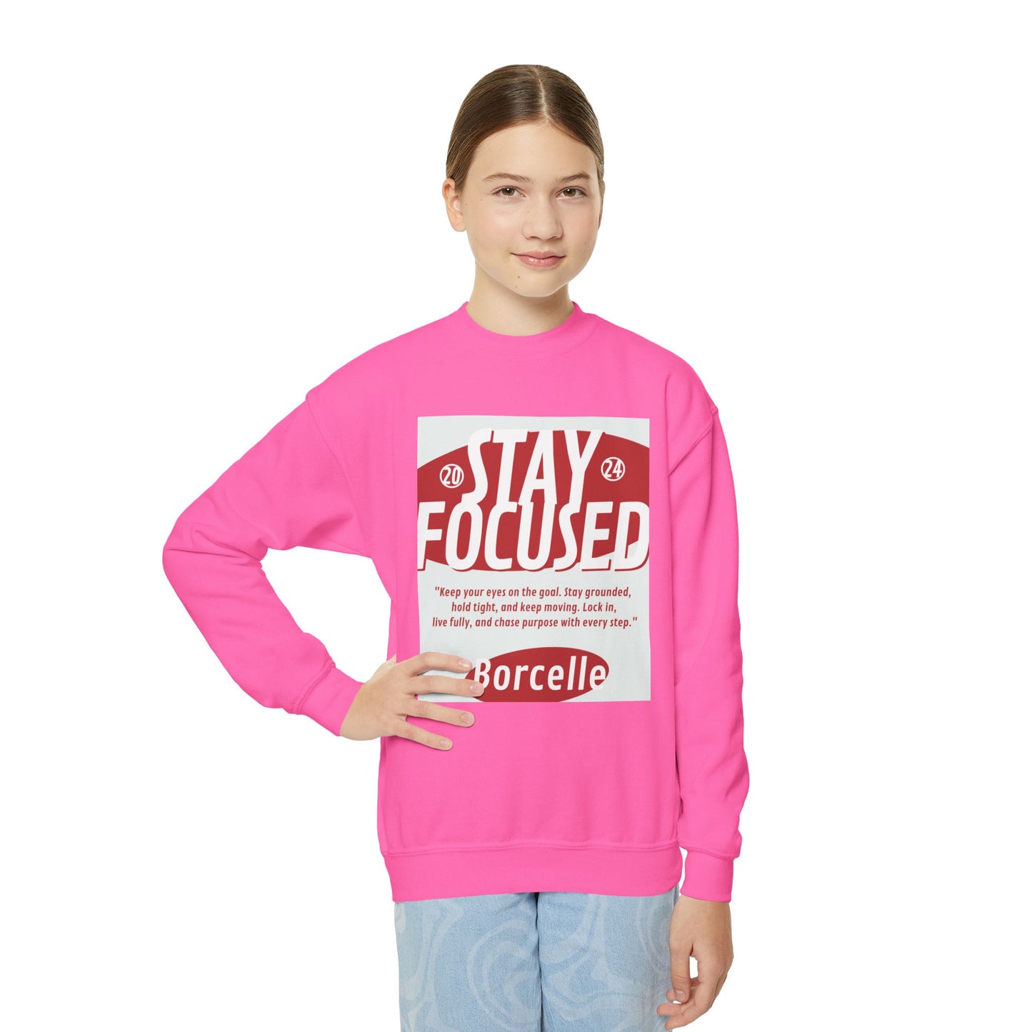 Youth Crewneck Sweatshirt — Stay Focused / Never Give Up Motivational Sweatshirt
