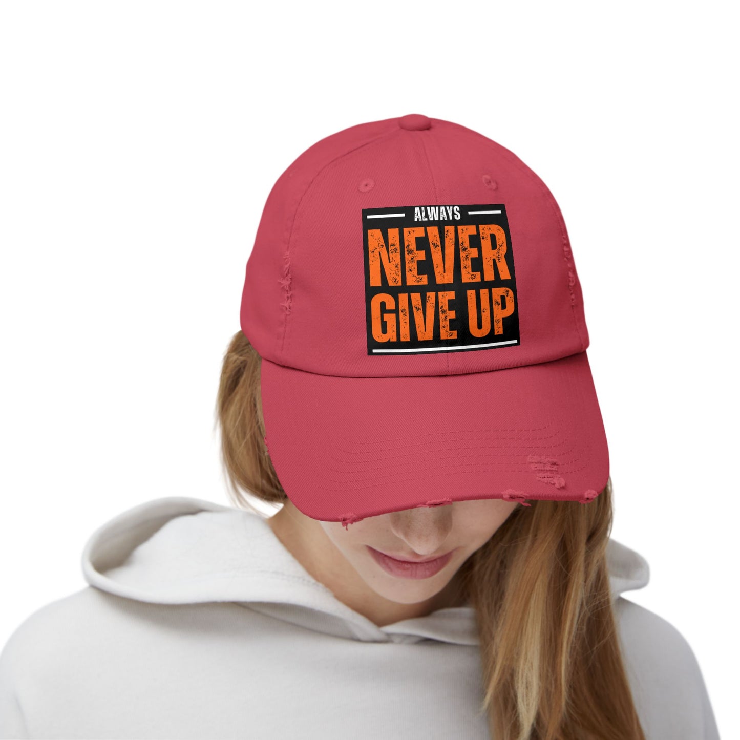 Never Give Up Distressed Cap — Motivational Baseball Hat