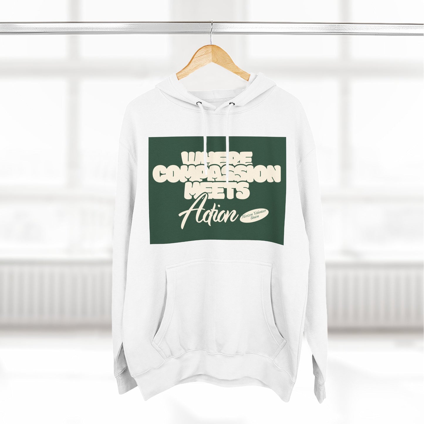 Three-Panel Fleece Hoodie — Vintage Ship Graphic & "Where Compassion Meets Action" Motivational Design