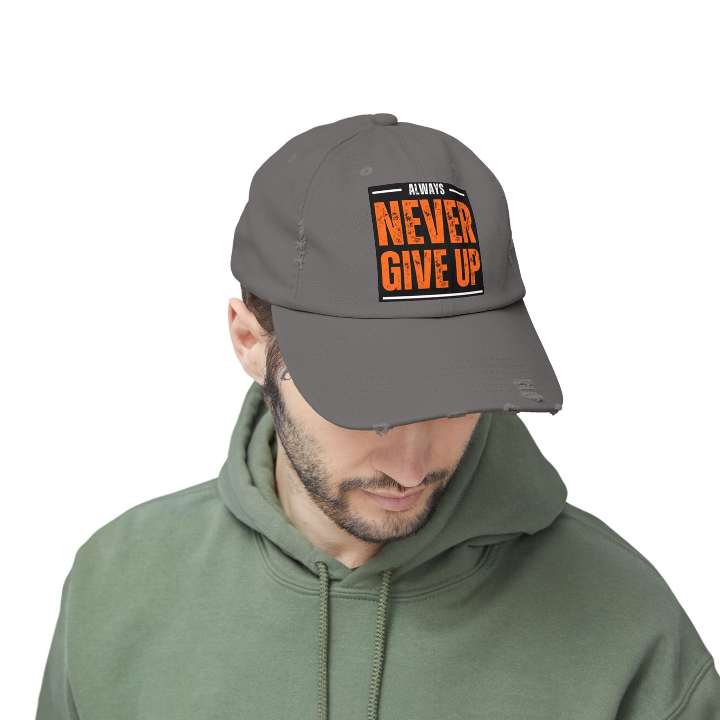 Never Give Up Distressed Cap — Motivational Baseball Hat