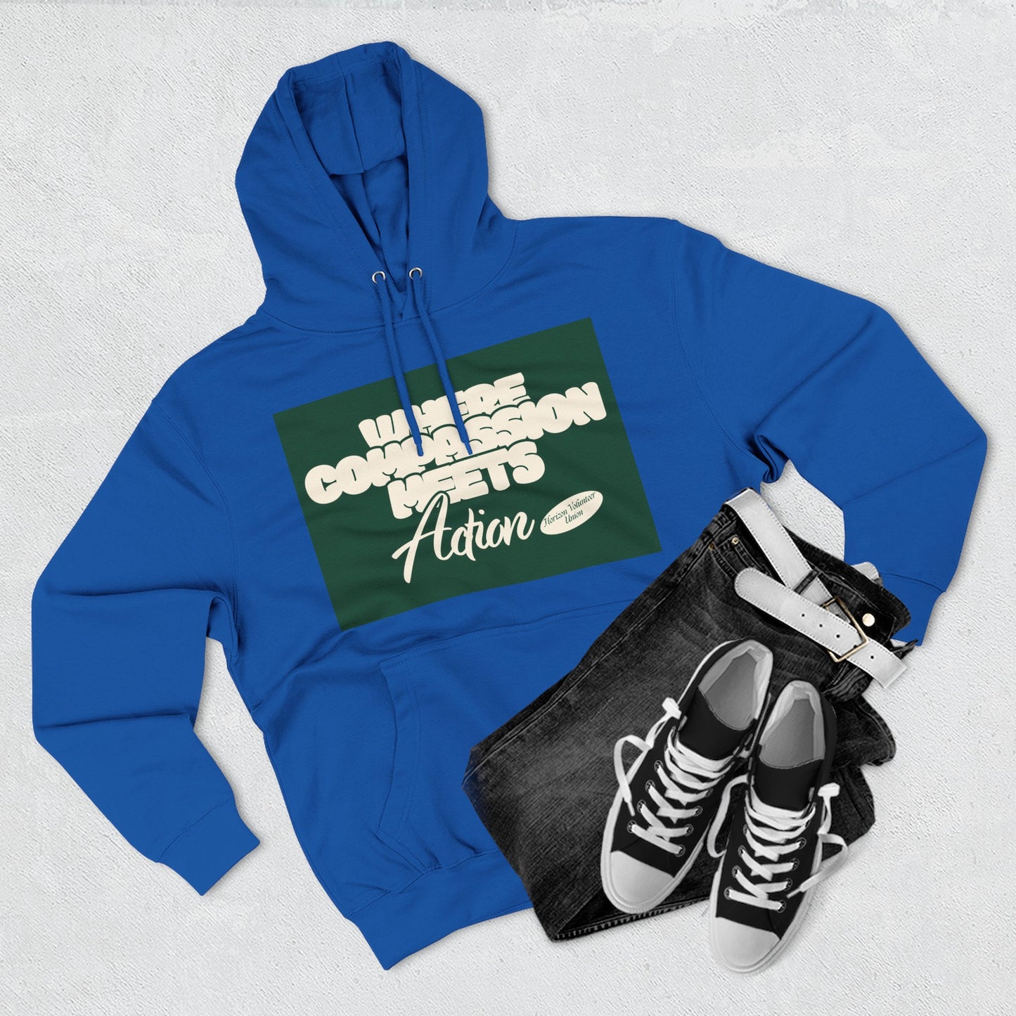 Three-Panel Fleece Hoodie — Vintage Ship Graphic & "Where Compassion Meets Action" Motivational Design