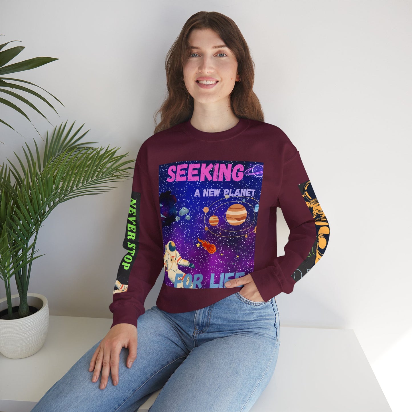 Space Crewneck Sweatshirt — “Seeking a New Planet for Life” Astronaut Graphic
