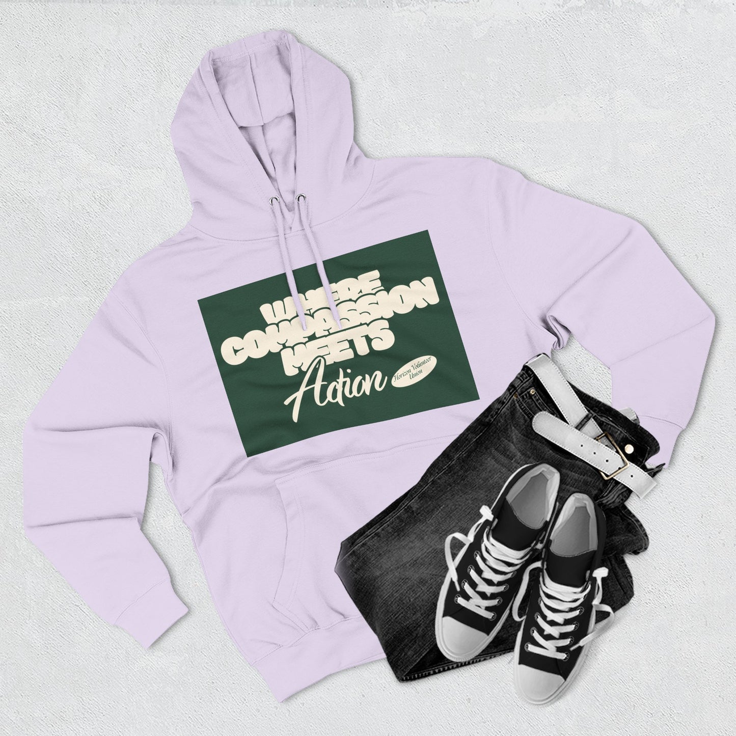 Three-Panel Fleece Hoodie — Vintage Ship Graphic & "Where Compassion Meets Action" Motivational Design
