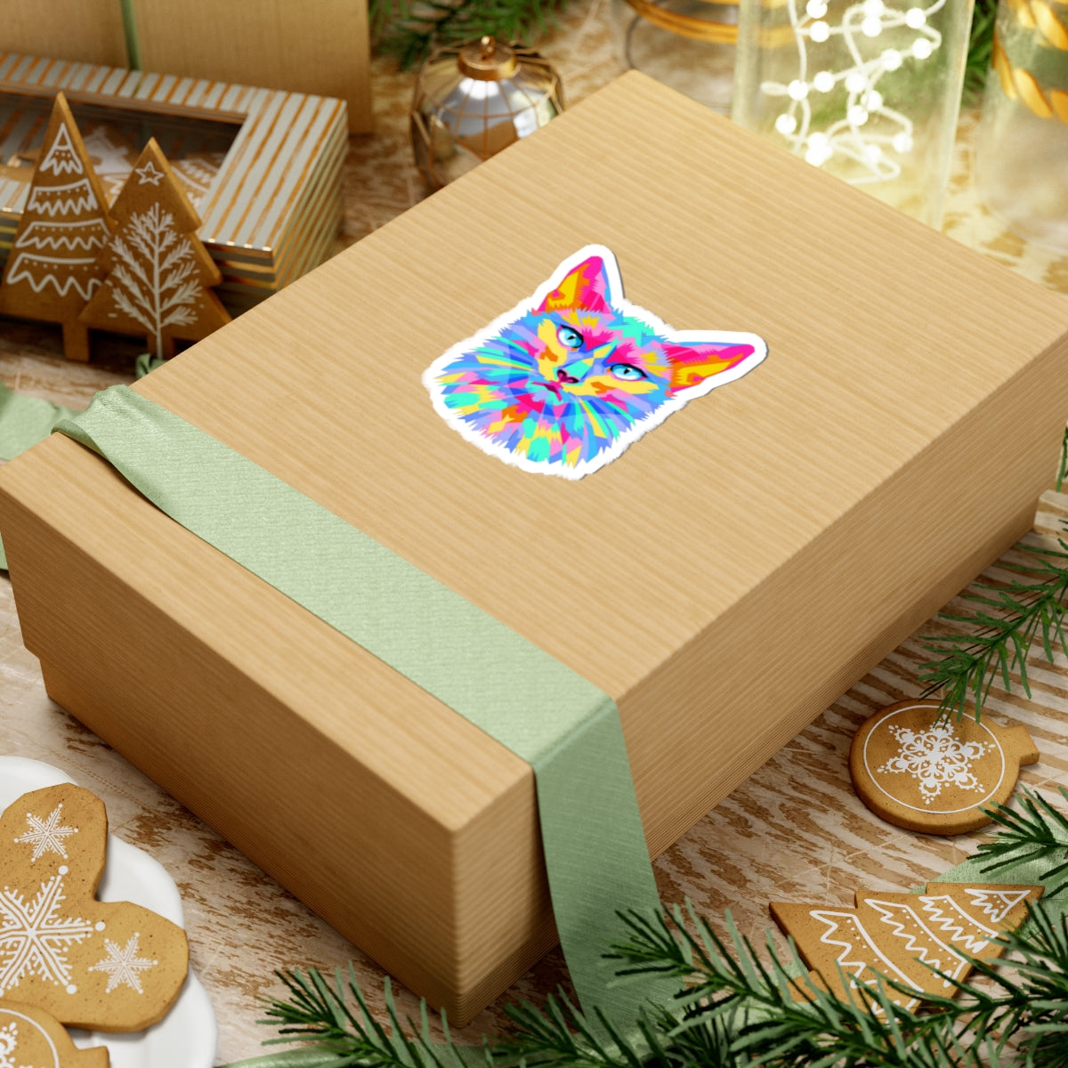 Colorful Pop Art Cat -Cut Sticker — Vibrant Feline Laptop Decal