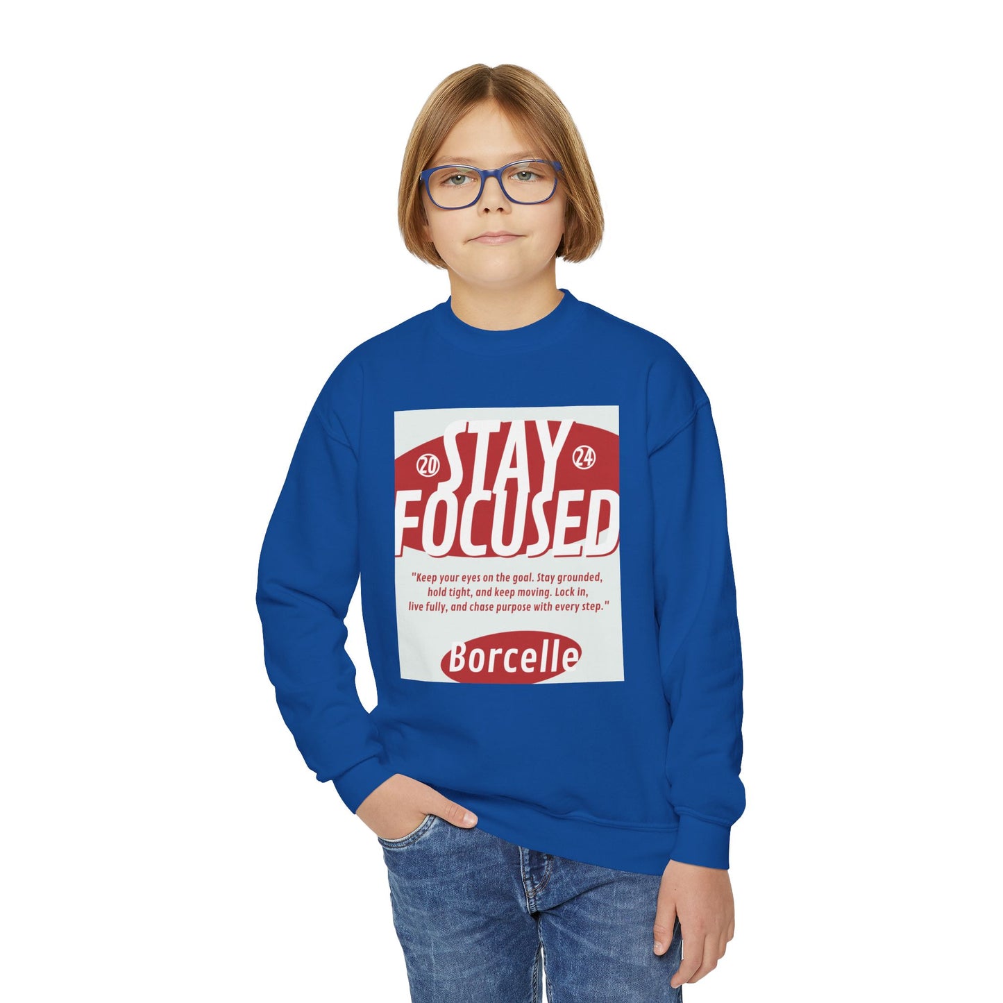 Youth Crewneck Sweatshirt — Stay Focused / Never Give Up Motivational Sweatshirt