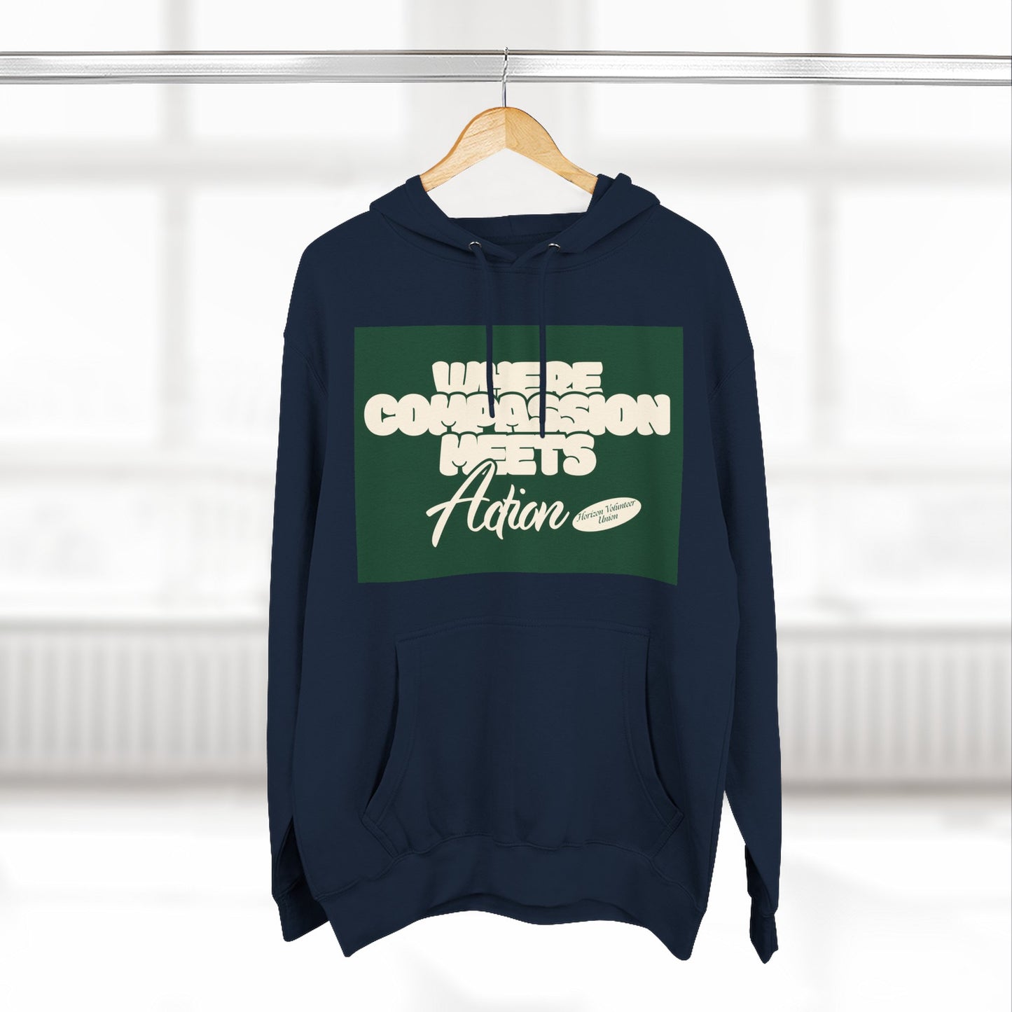 Three-Panel Fleece Hoodie — Vintage Ship Graphic & "Where Compassion Meets Action" Motivational Design