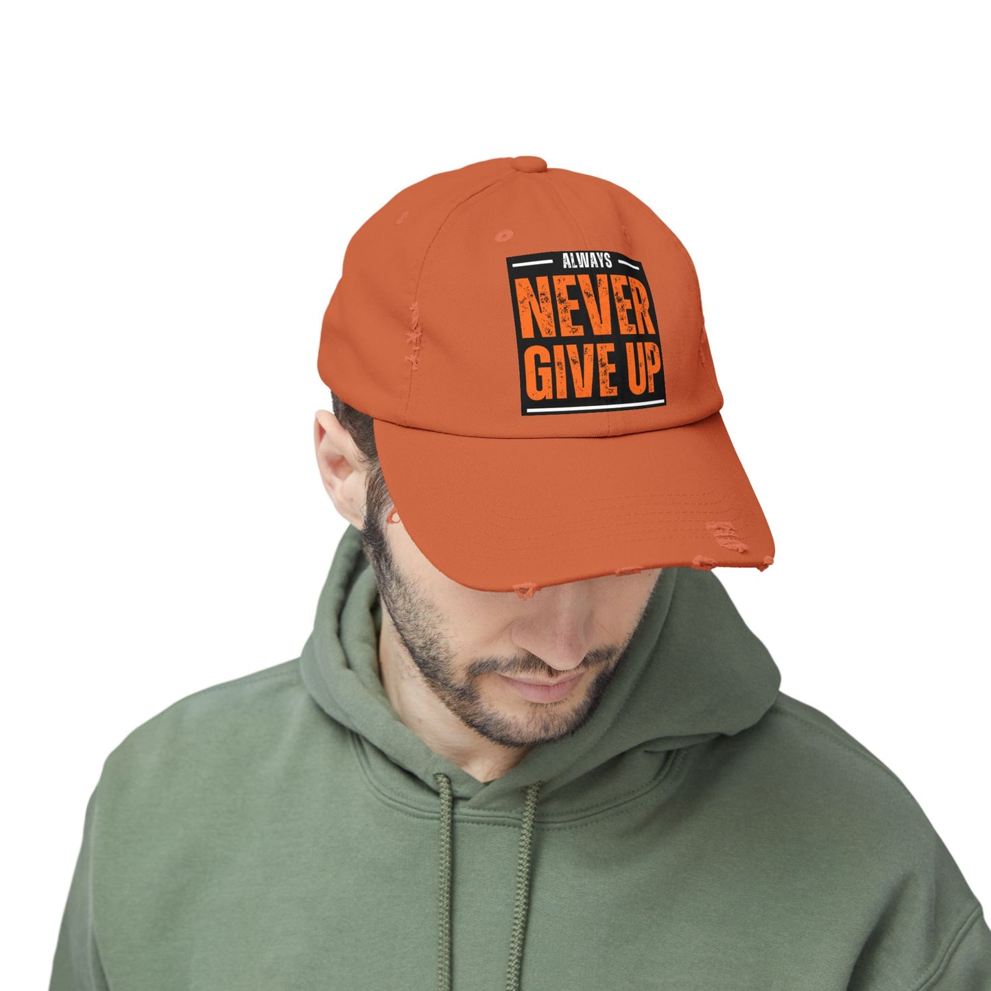 Never Give Up Distressed Cap — Motivational Baseball Hat