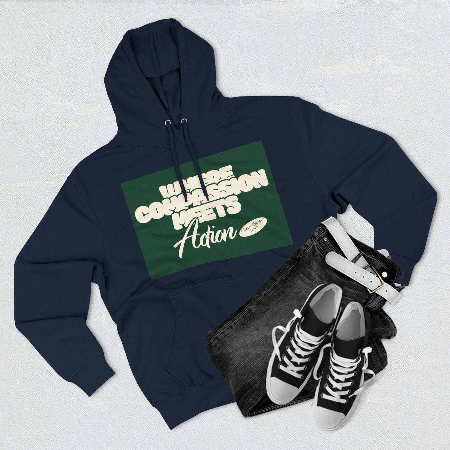 Three-Panel Fleece Hoodie — Vintage Ship Graphic & "Where Compassion Meets Action" Motivational Design